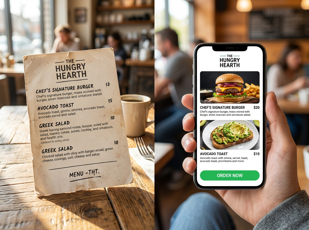 A side-by-side comparison of a physical restaurant menu and its modern digital twin on a mobile device.