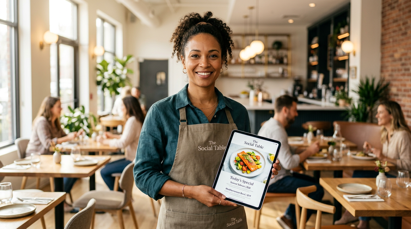 A restaurant owner looking empowered and relaxed in their restaurant, symbolizing the freedom of a zero-maintenance digital storefront.