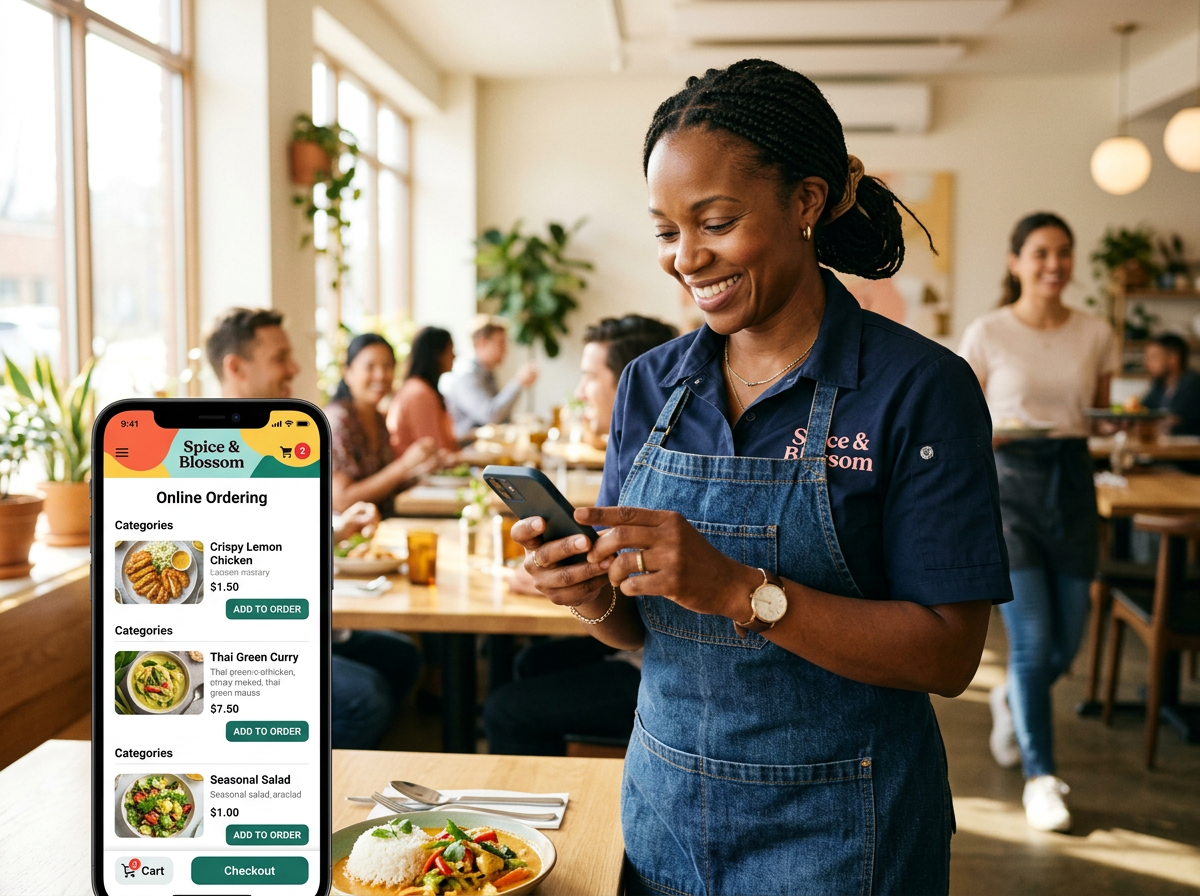 A confident restaurant owner using a mobile device to manage their digital storefront, representing the democratization of hospitality technology.