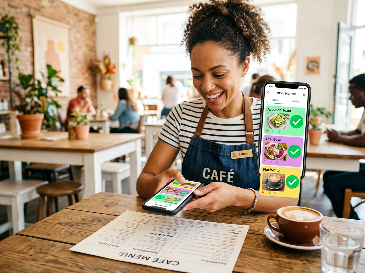 A restaurant owner successfully using a smartphone to digitize their menu with an easy, AI-powered interface.