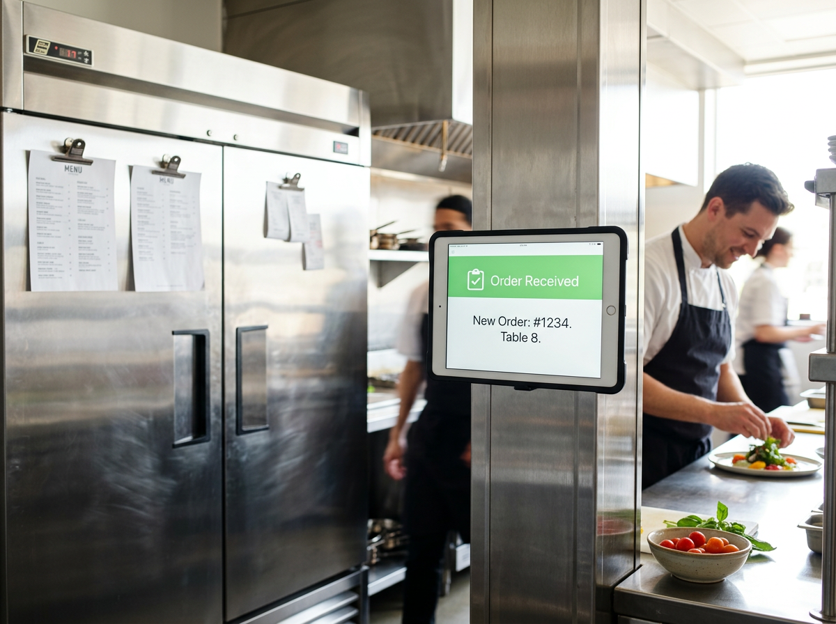 A tablet showing a restaurant's online ordering system integrated seamlessly into a professional kitchen, positioned next to reliable kitchen equipment.