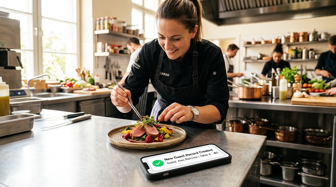 A busy chef focusing on food while a smartphone nearby shows an automated marketing notification.