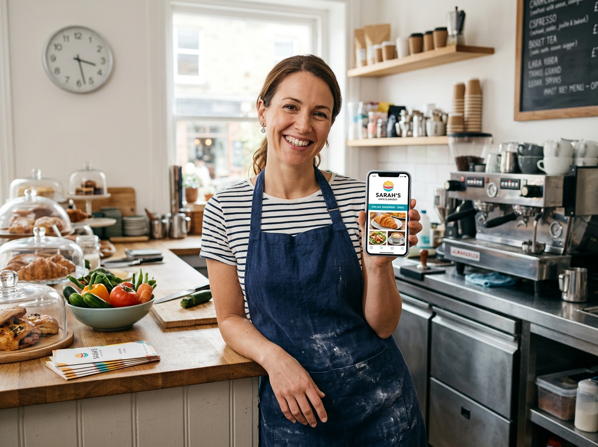 A restaurant owner looking satisfied while viewing their newly launched digital storefront on a smartphone during a break between shifts.