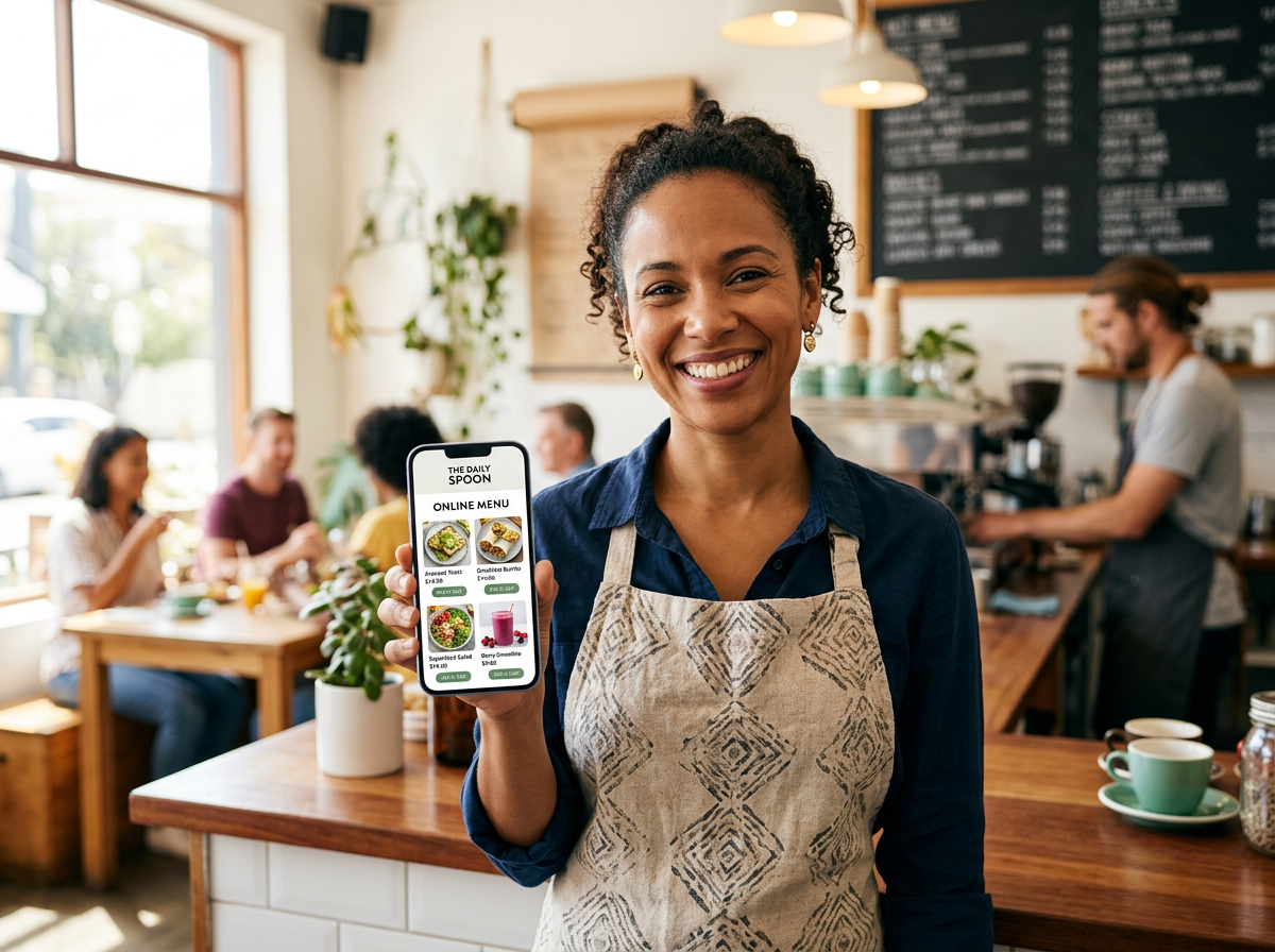 A smiling restaurant owner in their shop, holding a smartphone that displays their new, professional online ordering website.