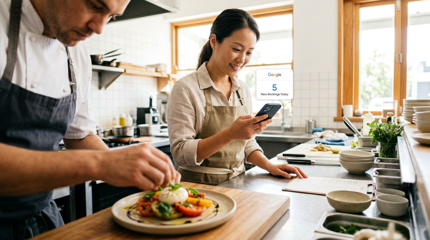 A restaurant owner in a modern kitchen using a smartphone next to a fresh dish, representing the connection between culinary skill and digital discovery.