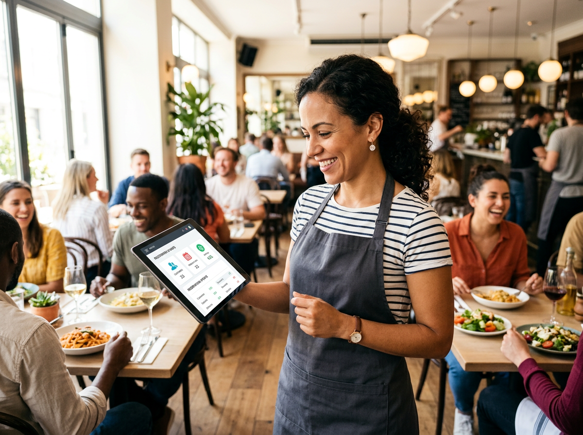 A relaxed and empowered restaurant owner overseeing a busy dining room, representing the shift from overstretched operator to empowered owner.