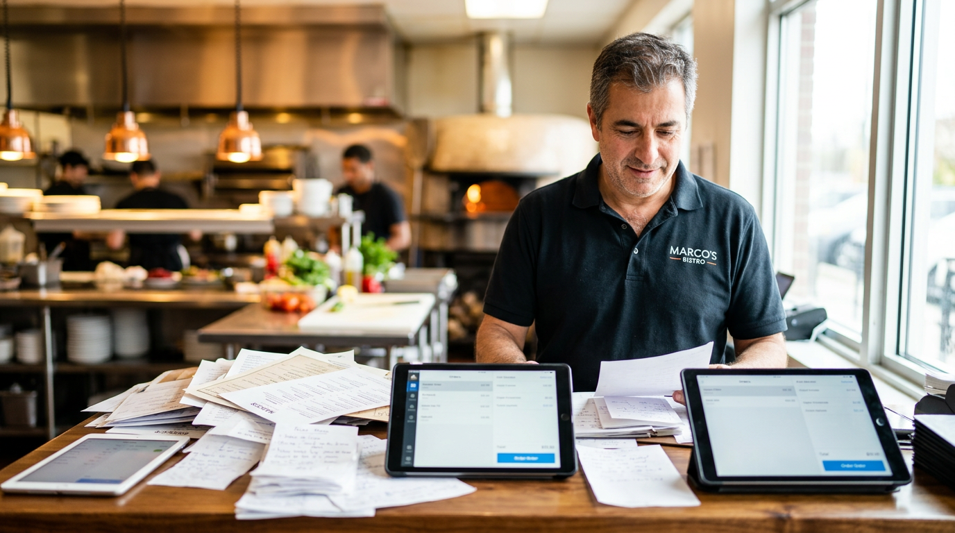 A restaurant owner managing multiple delivery tablets and paper menus in a sunlit dining area.