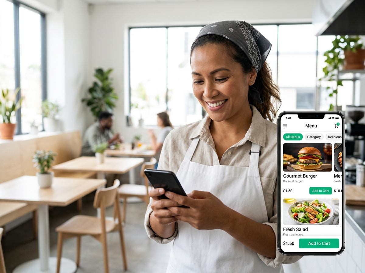 A restaurant owner proudly viewing their new AI-digitized online menu on a smartphone in their bright, clean restaurant.