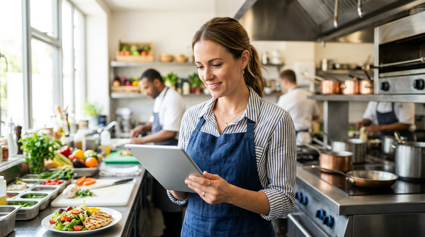 A restaurant owner using a tablet in a sunlit kitchen to manage online orders.