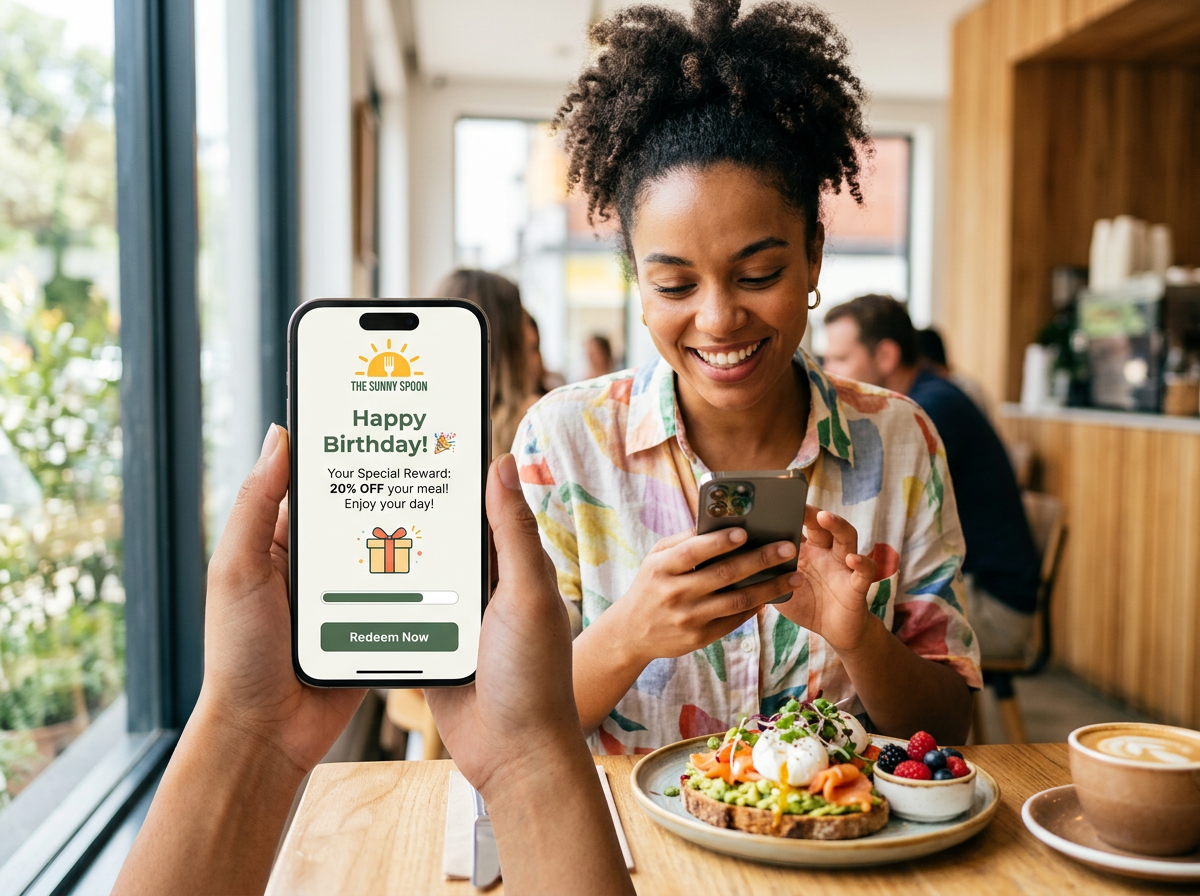 A customer receiving a personalized automated birthday reward notification on their phone while dining in a sunlit restaurant.