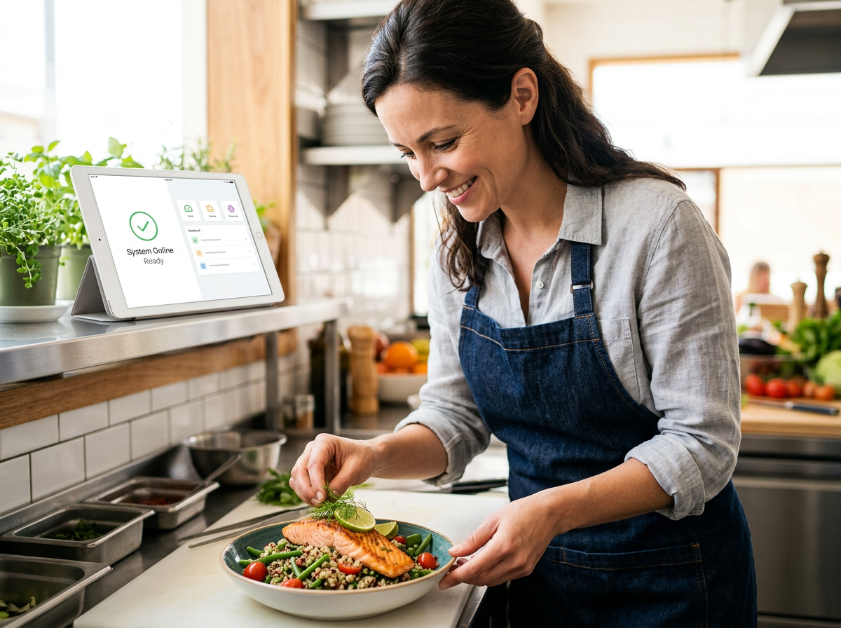 A stress-free restaurant owner in a sunlit kitchen, symbolizing the 'set it and forget it' benefits of managed automation.