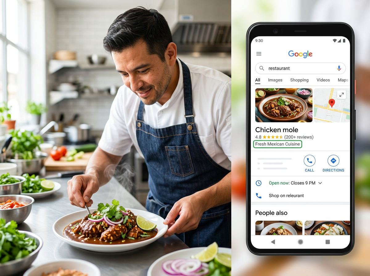 A conceptual image showing a chef working in the kitchen while their digital 'Invisible Employee' manages their high-ranking Google search presence.