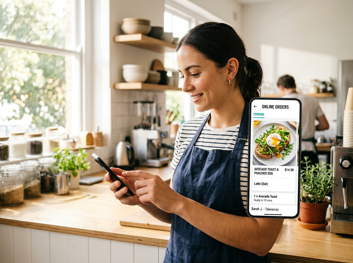 A happy restaurant owner reviewing online orders on a sleek, modern tablet interface.