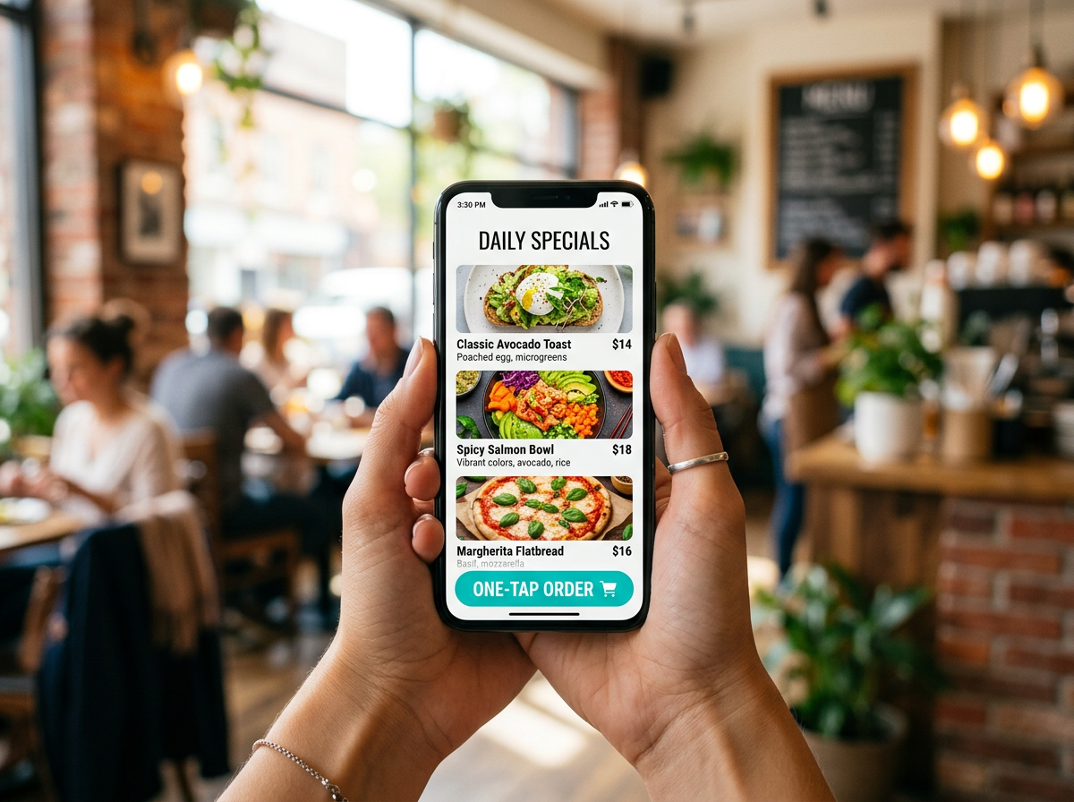 Conceptual image of a customer easily navigating a mobile-optimized restaurant menu with one hand in a bistro.