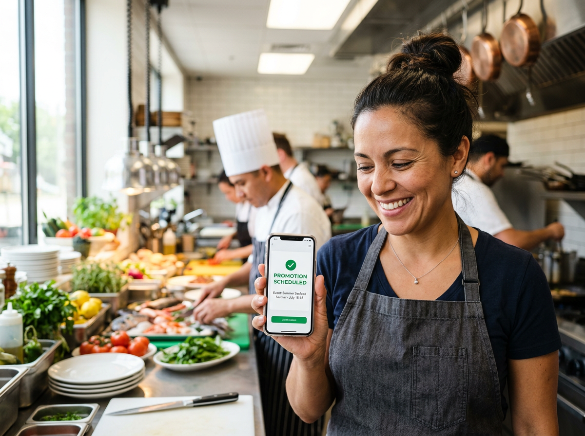 A restaurant owner looking relieved and happy while using an automated marketing tool in their kitchen.