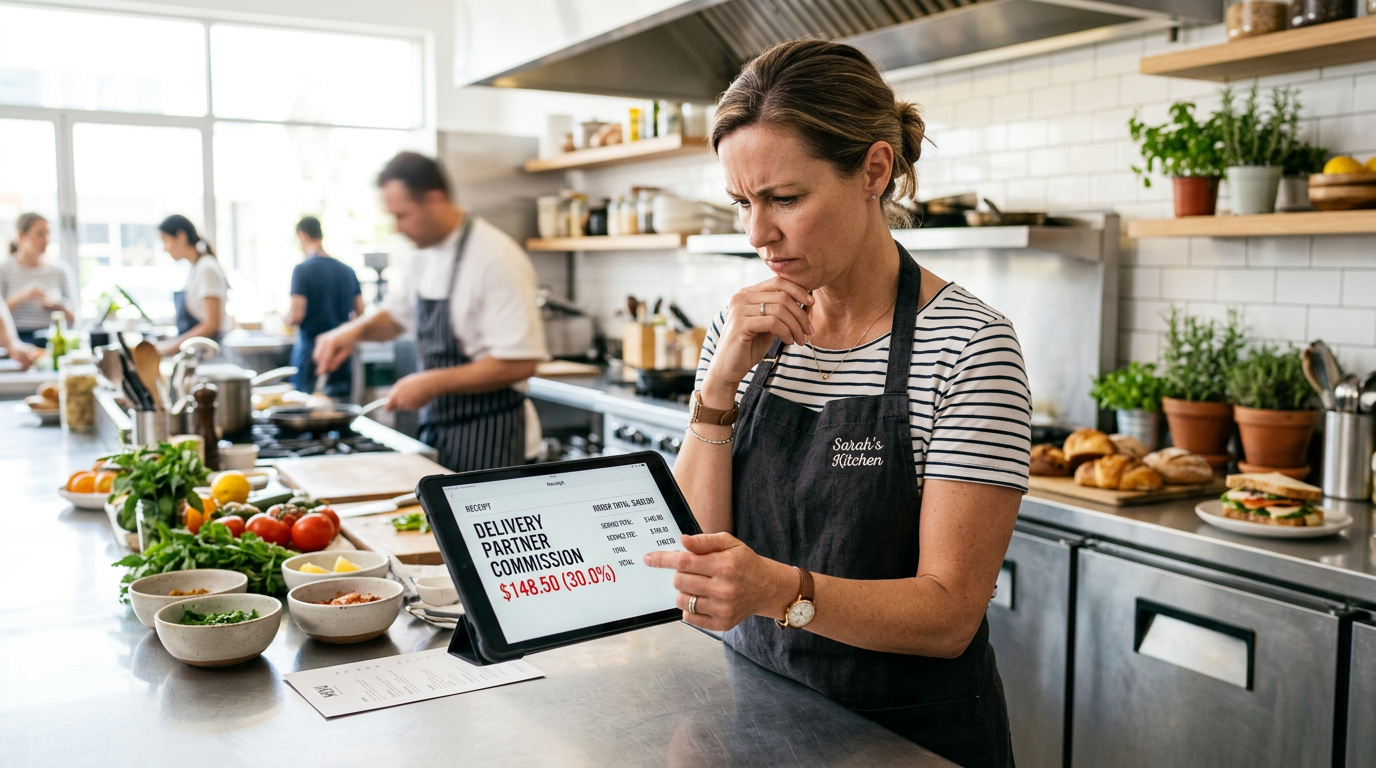 A restaurant owner in a professional kitchen looking at a tablet showing delivery app commission deductions.