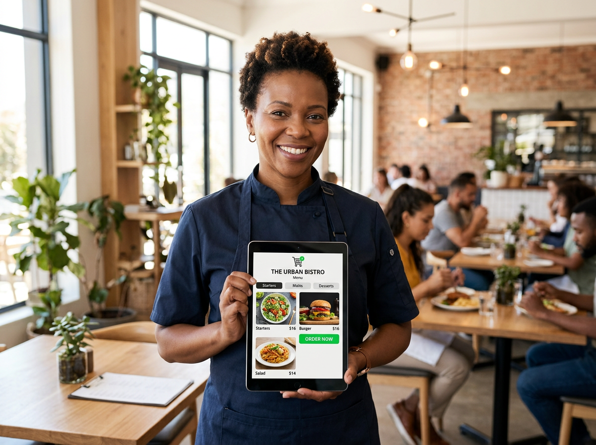 A smiling restaurant owner looking satisfied while holding a tablet showing her independent online ordering website.