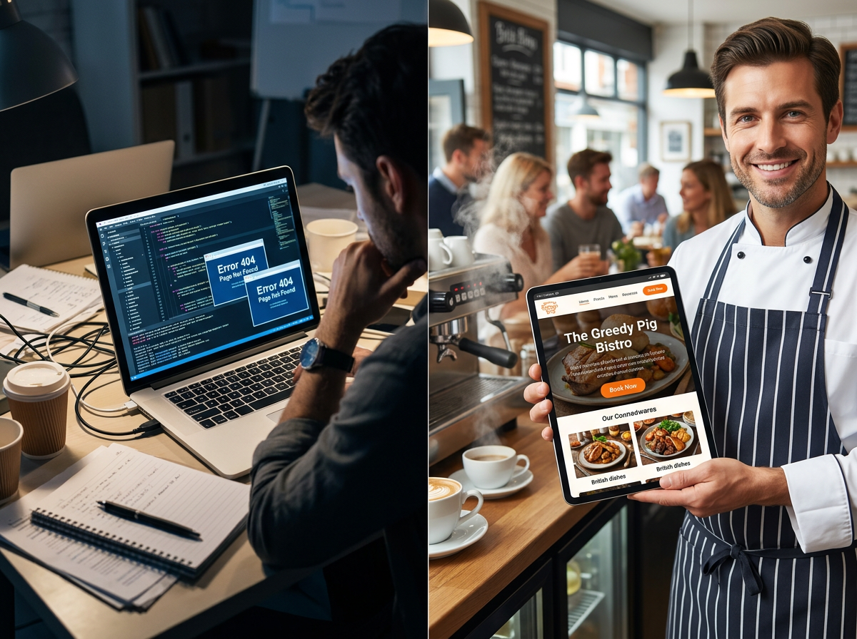 A conceptual contrast between the technical frustration of DIY tinkering and the professional, stress-free result of a managed AI platform.