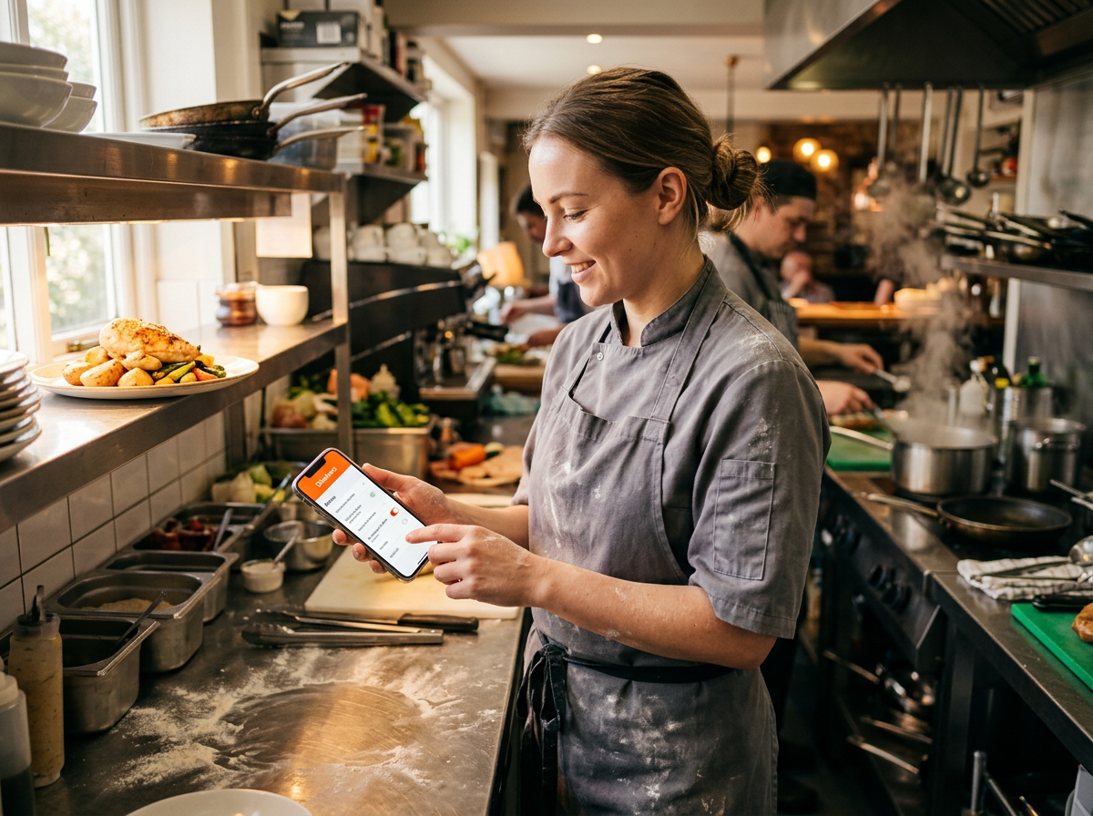 A chef updating a digital restaurant menu in real-time using a smartphone in a professional kitchen.