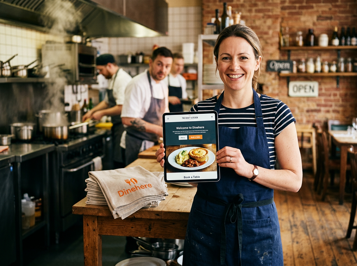 A restaurant owner in a professional apron looking at their newly generated website on a tablet in a warm, inviting cafe setting.