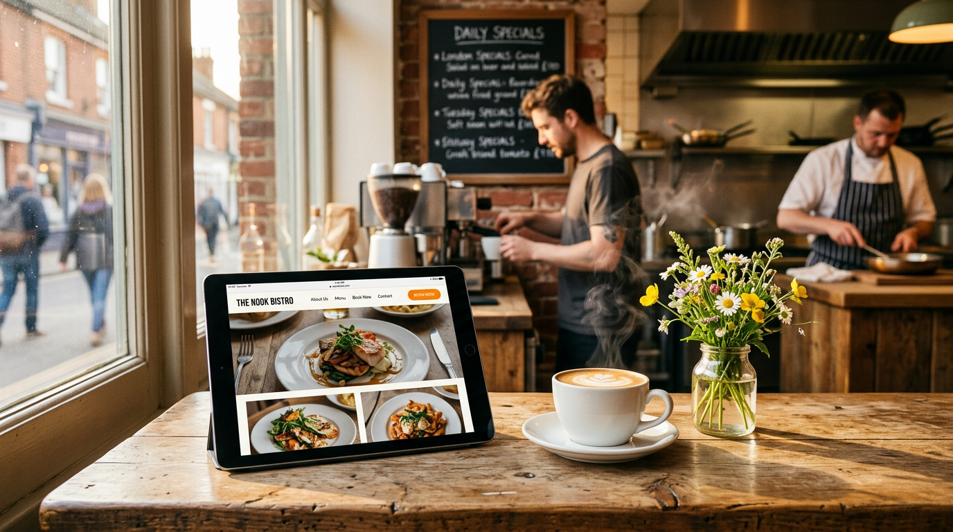 A tablet showing a professional restaurant website on a wooden bistro counter with warm, natural lighting.