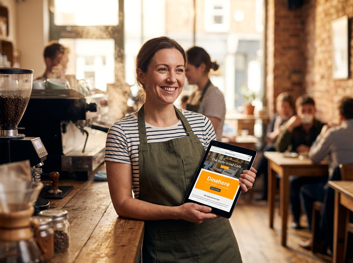 A British cafe owner smiling while looking at their mobile-friendly website on a tablet in their shop.