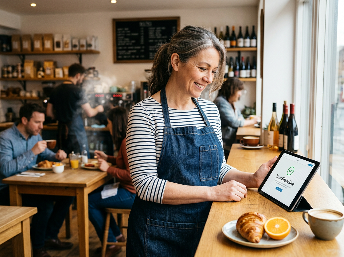 A happy restaurant owner looking at their live website on a tablet in a sunny cafe.