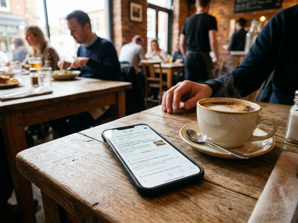 A smartphone on a cafe table displaying a local Google search result for a specific dish, showing how digital menus improve local SEO.