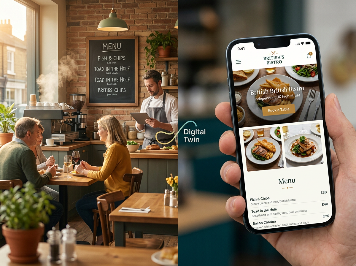 A conceptual split image showing a physical UK bistro storefront and its digital mobile website counterpart.
