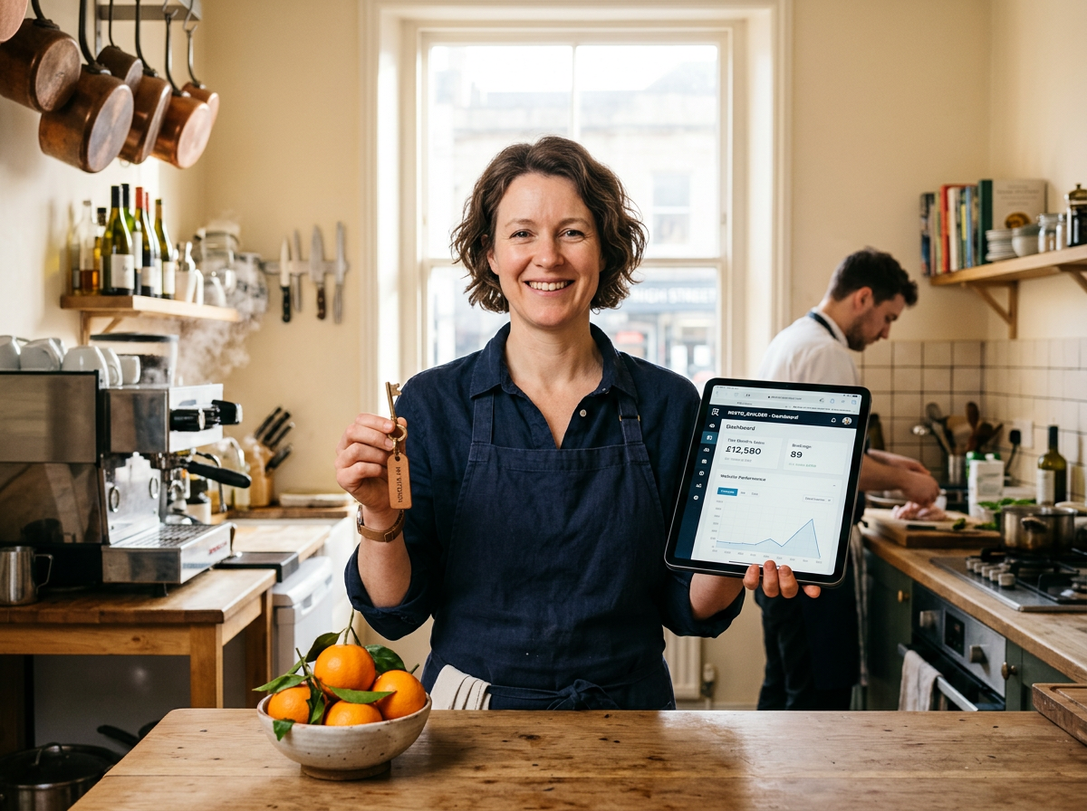 A restaurant owner looking satisfied in their kitchen, symbolizing the relief and security of owning their digital assets.