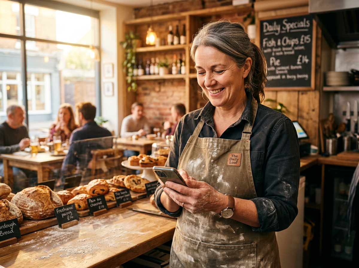 A restaurant owner in a warm, authentic bistro setting looking relieved while using their phone to manage their business.