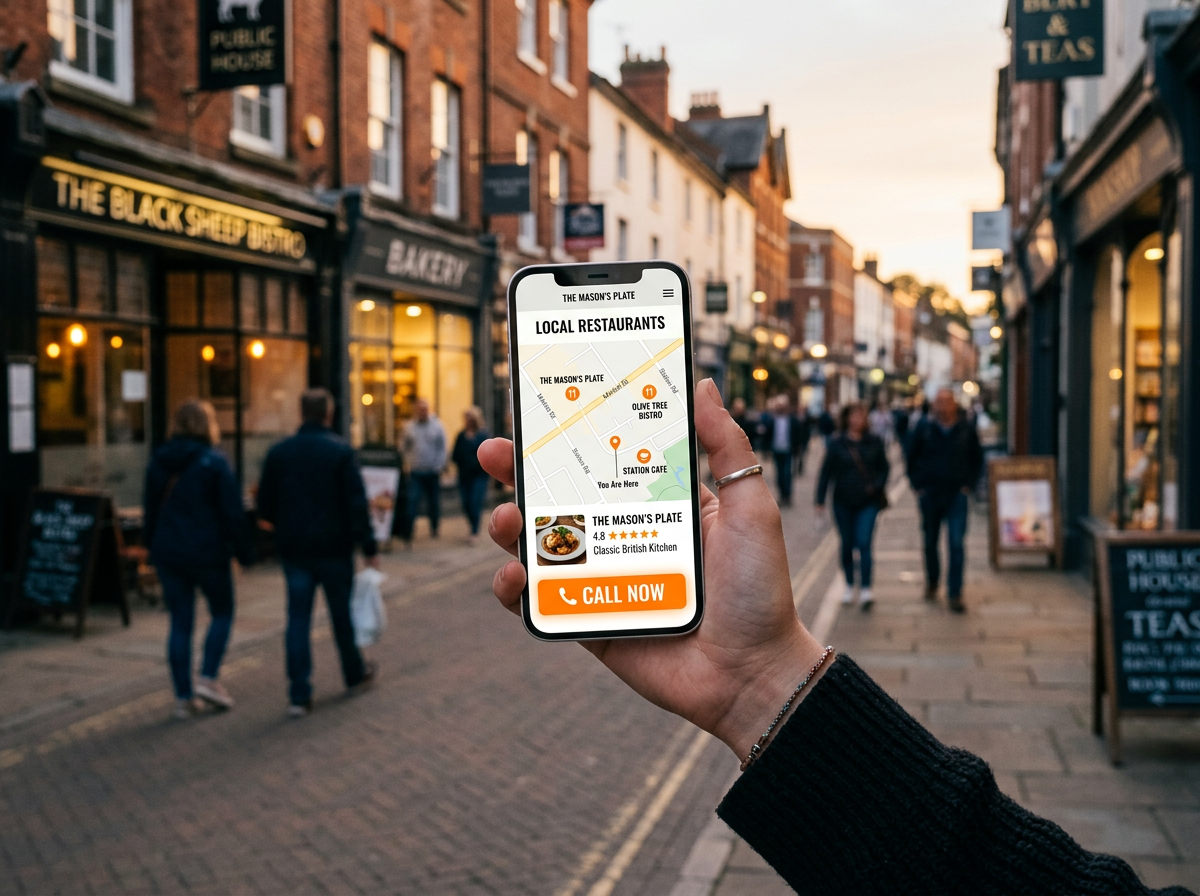 A person using a smartphone on a British high street to find a restaurant, showing the 'Click-to-call' and map features.