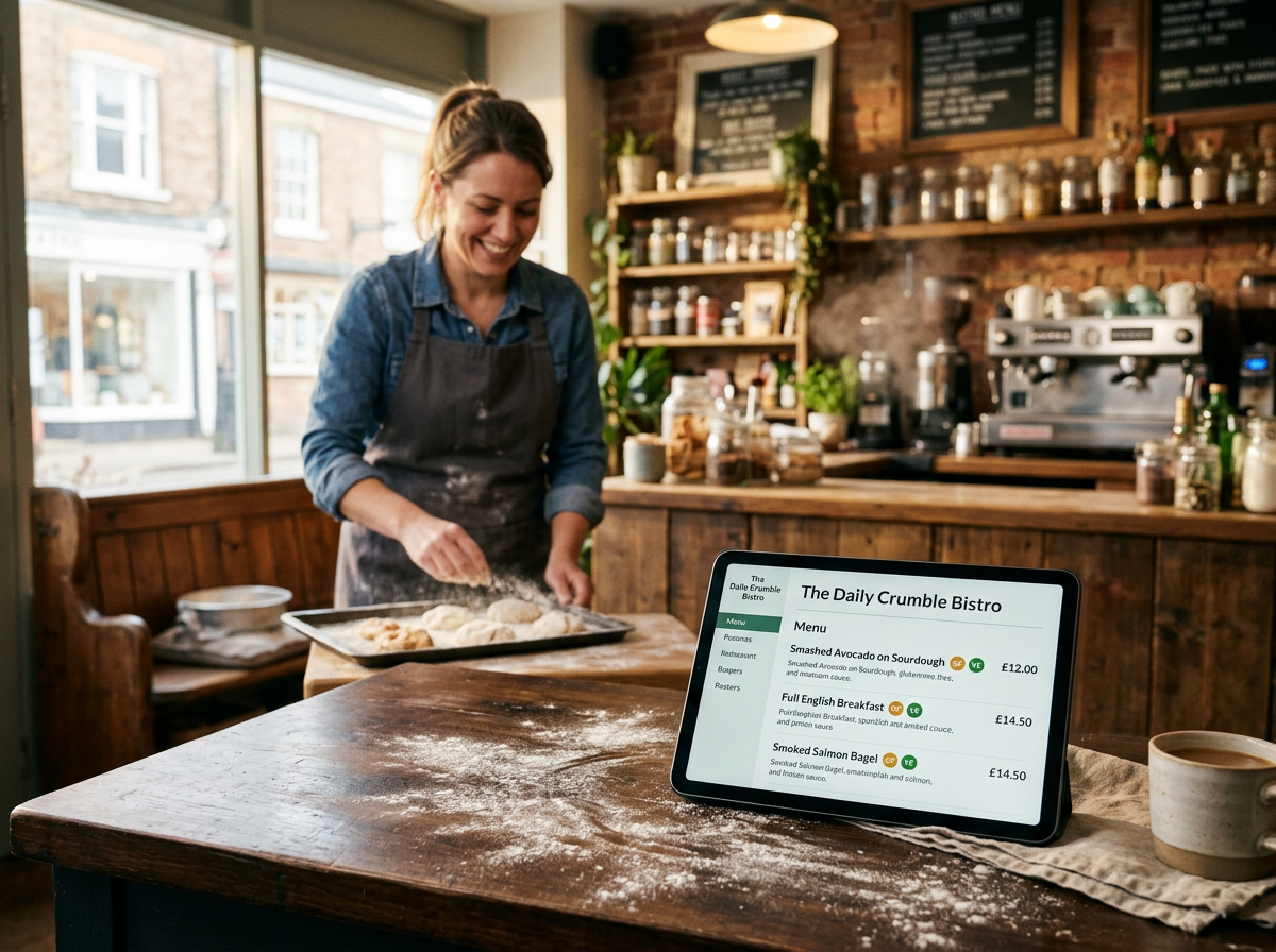 A tablet on a bistro counter displaying a menu with clear allergen icons, reflecting a stress-free compliance environment.