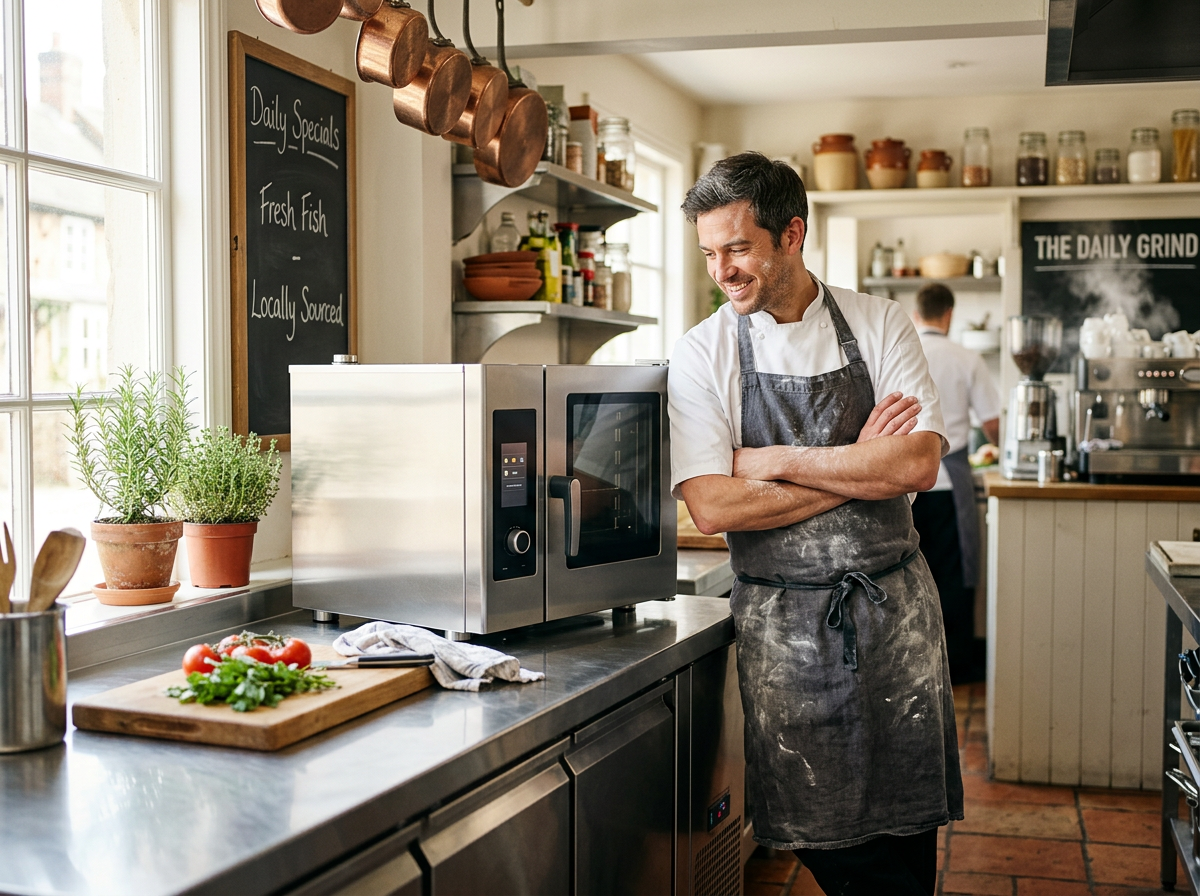 A restaurant owner in a warm, bright kitchen, illustrating the benefit of reinvesting saved website fees into physical business assets like kitchen tools.