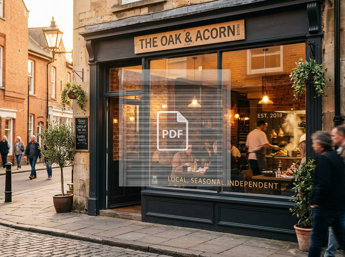 A warm, high-street restaurant storefront obscured by a translucent digital shutter, symbolizing how a PDF menu acts as a barrier to online visibility.