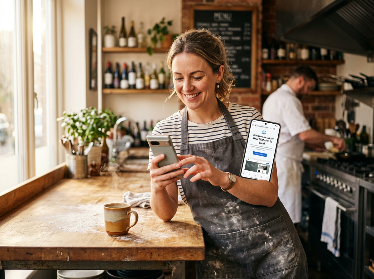 A restaurant owner smiling at their phone in a bright, authentic kitchen setting, representing business confidence and relief from technical stress.