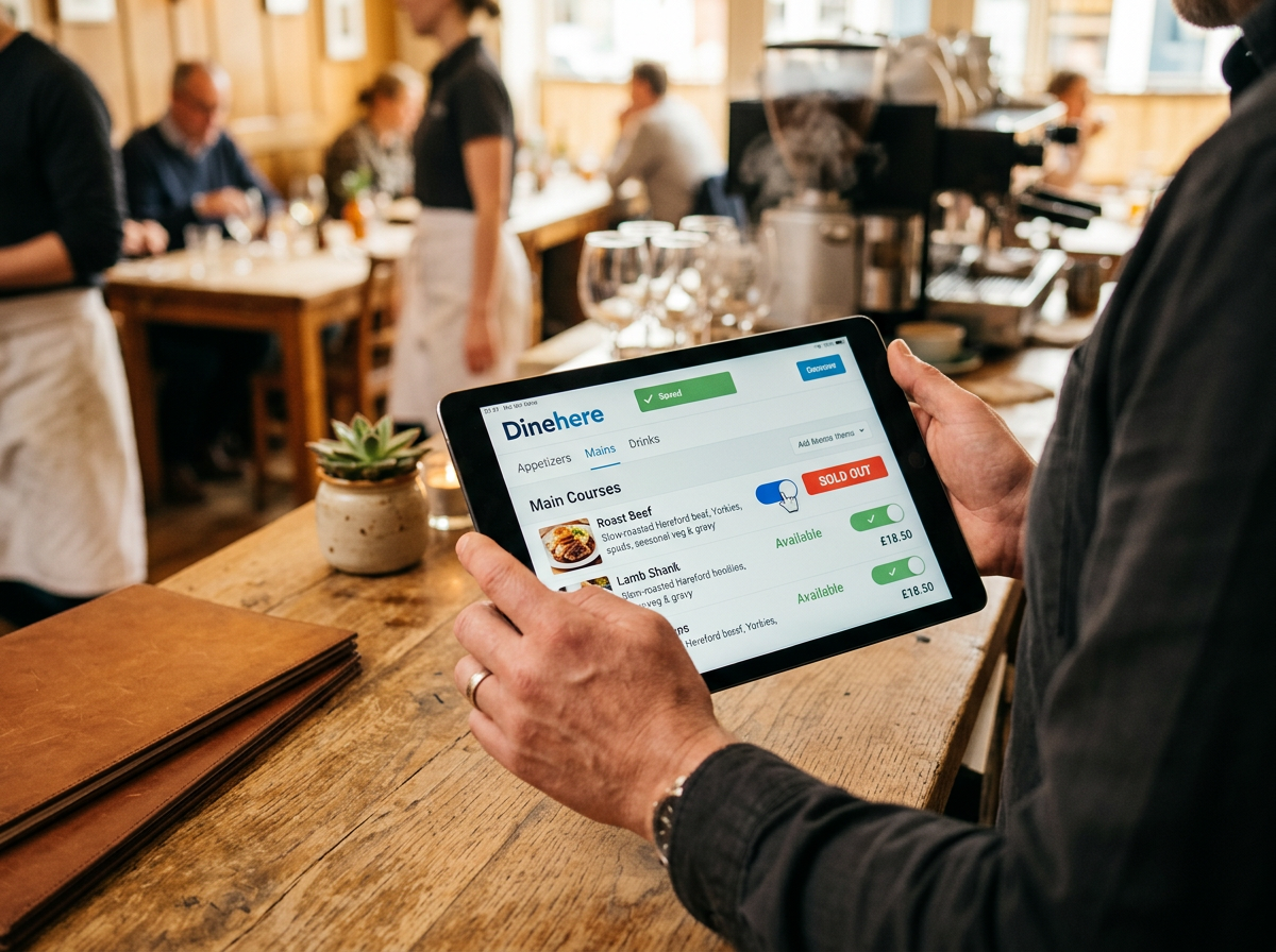 A close-up of a manager using a tablet to instantly mark a menu item as sold out in a warm, busy restaurant environment.