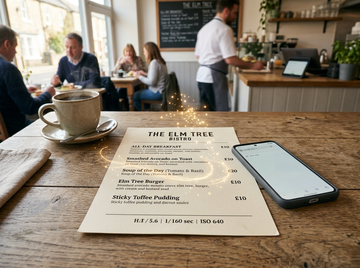 A physical restaurant menu and a smartphone on a rustic table, symbolizing the digital transformation of paper menus.