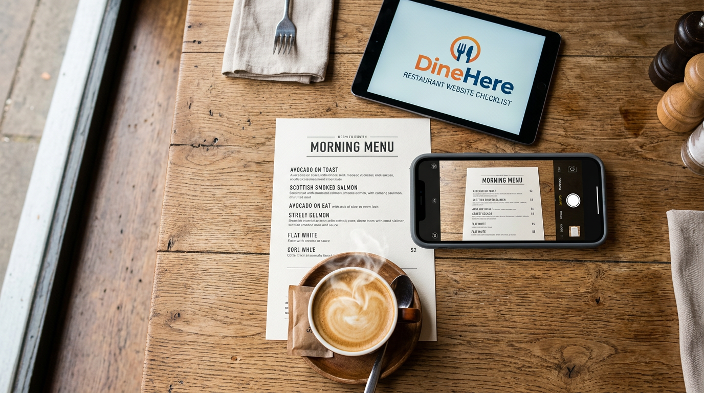 A flat-lay perspective of a restaurant table containing a paper menu, a smartphone, and a tablet, representing the preparation phase for building a website.