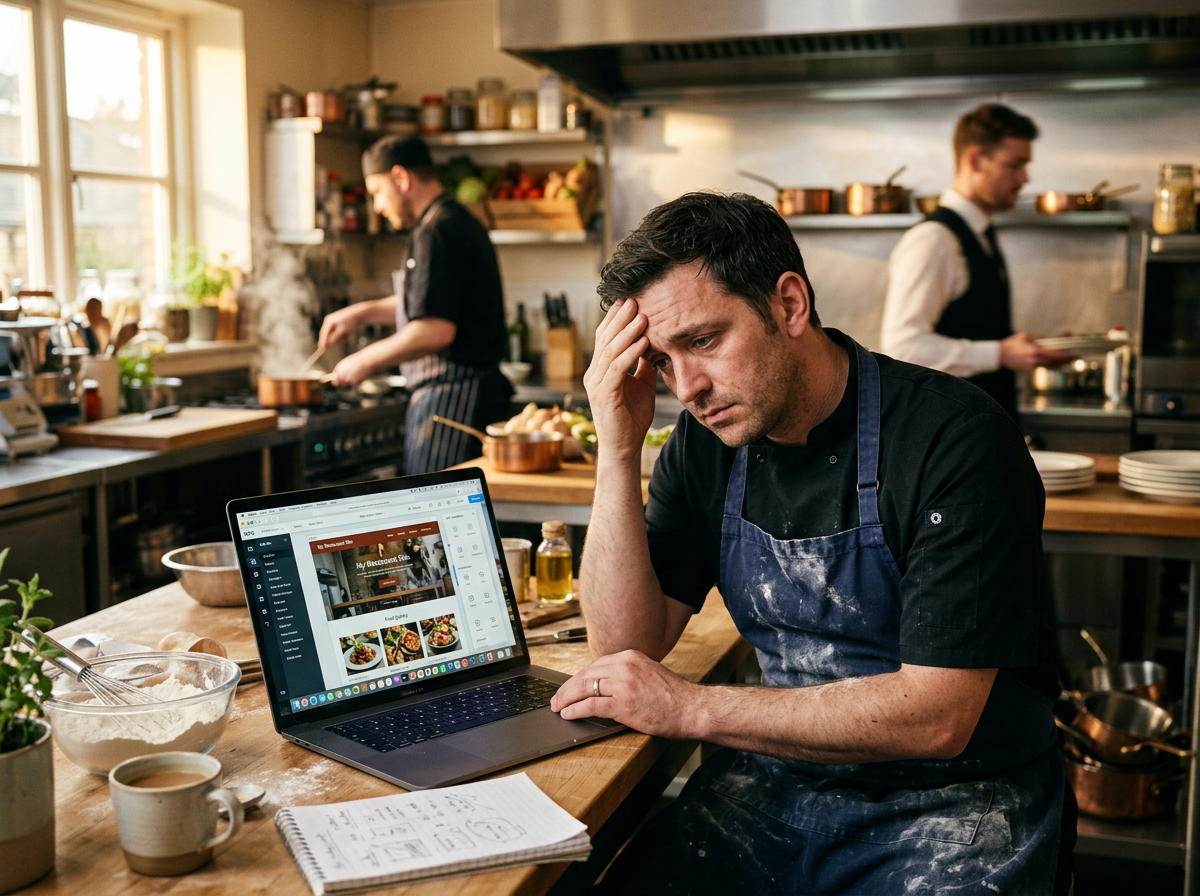 A restaurant owner feeling overwhelmed by the administrative burden of managing a generic DIY website while in the kitchen.