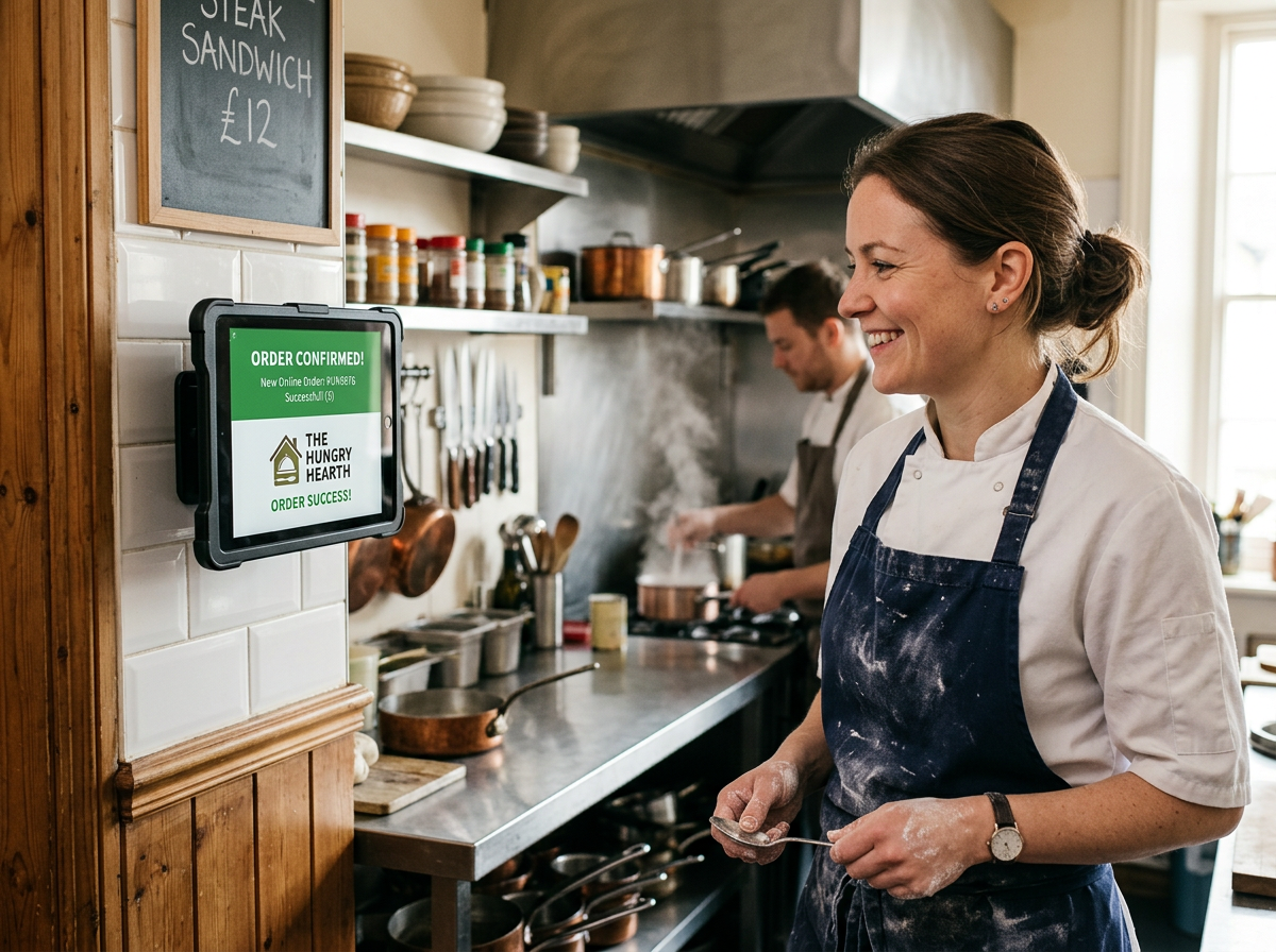 A chef in a kitchen looking at a direct order notification on a tablet, representing digital independence.