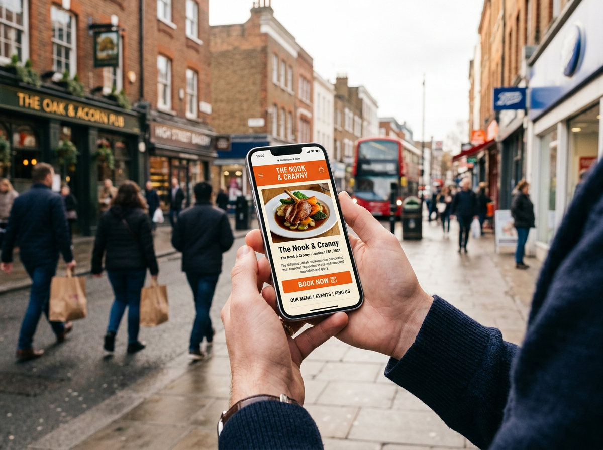 A customer using a smartphone on a UK high street to view a mobile-responsive restaurant website.