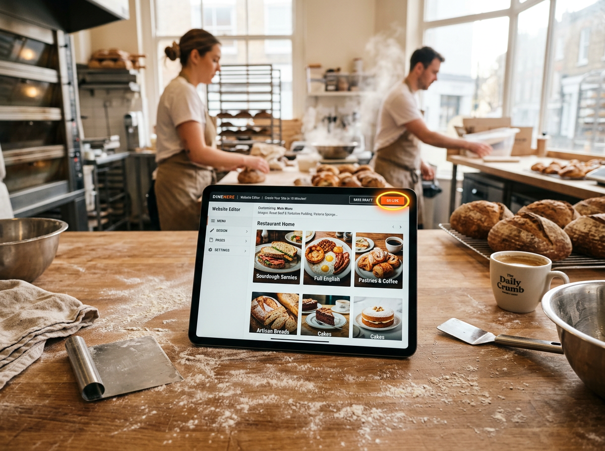 A tablet showing the Dinehere website editor on a professional kitchen counter during a service break.