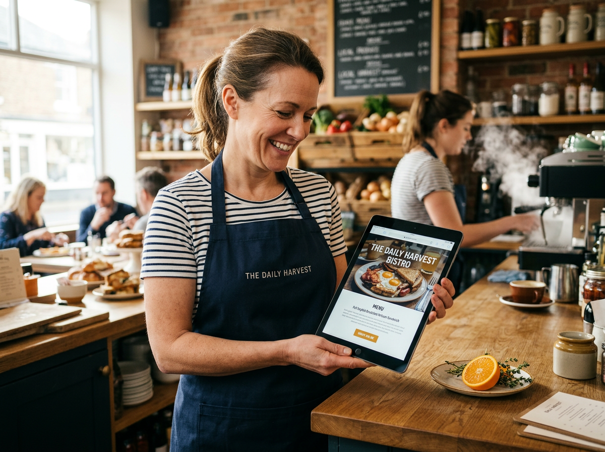 A restaurant owner looking relaxed while reviewing a professional website on a tablet in a sunlit bistro.
