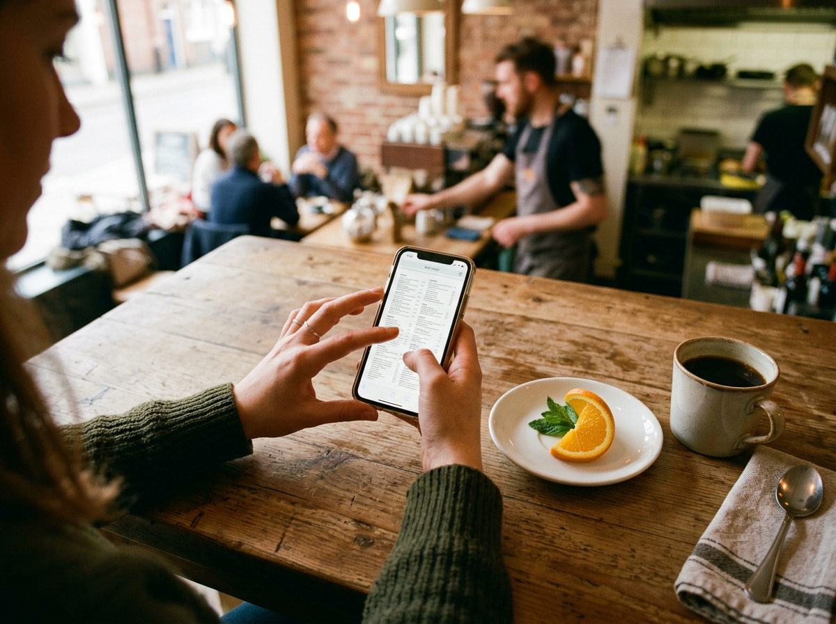 A close-up of a person struggling to read a non-responsive PDF menu on a smartphone in a restaurant setting, illustrating the pinch-and-zoom friction.