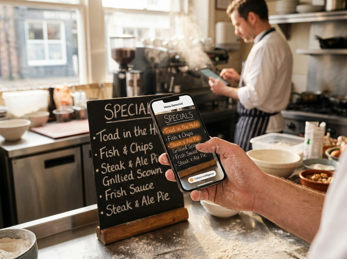 Close-up of a smartphone scanning a handwritten specials board in a rustic British kitchen, showing AI dish recognition in real-time.