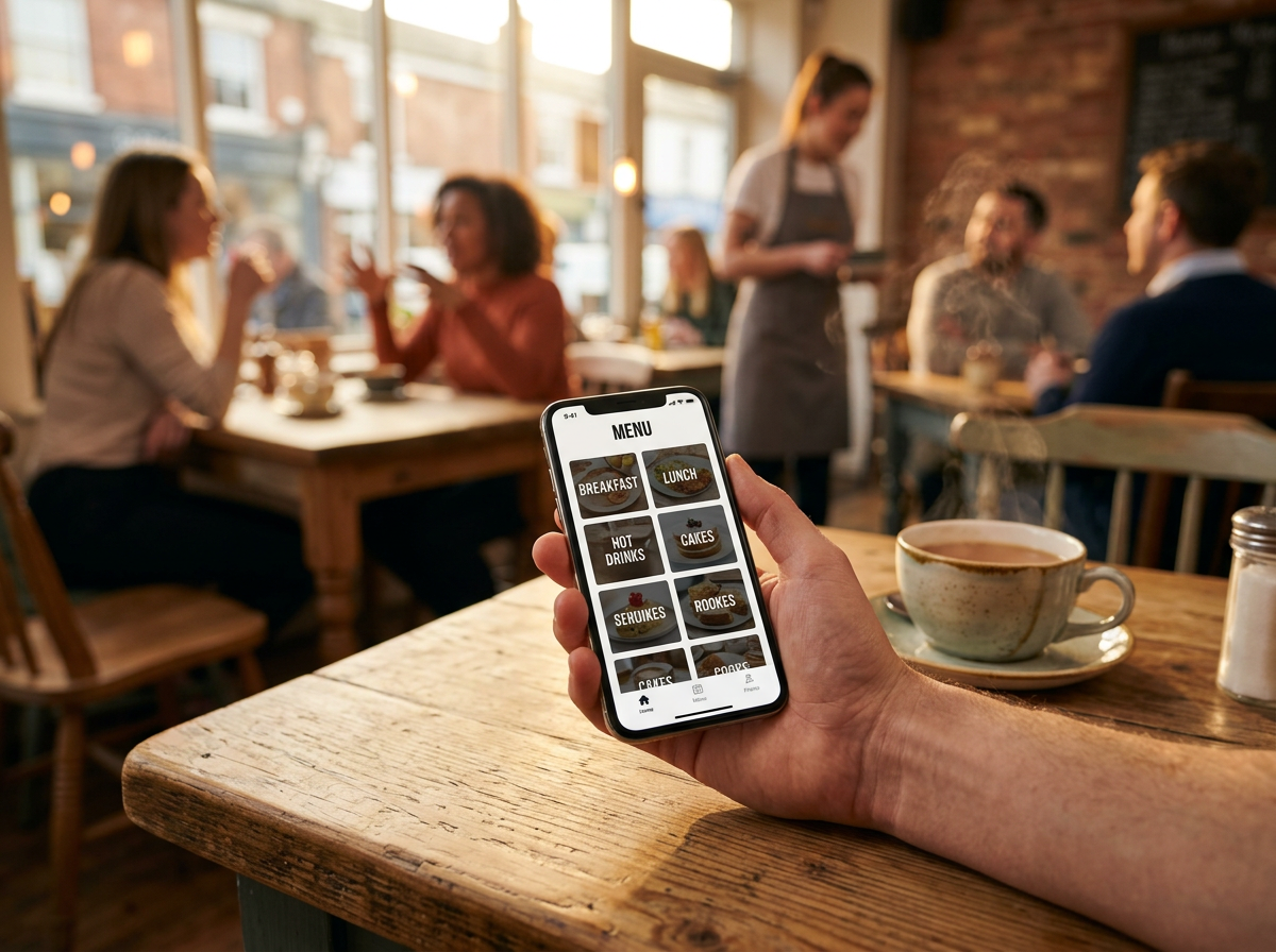 A diner's perspective of a mobile-optimised digital menu being used effortlessly in a sunlit British cafe.