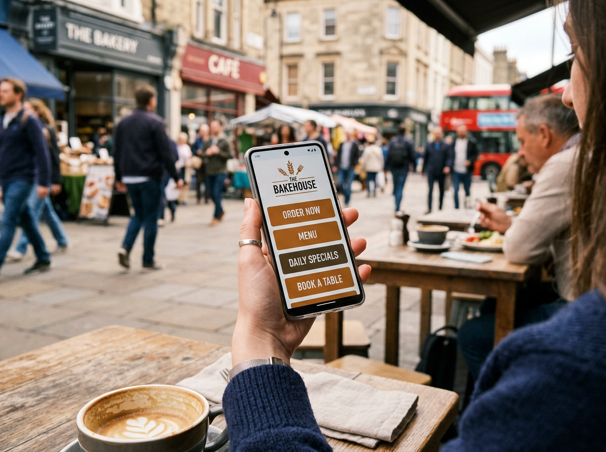 A diner using a mobile-optimized, touch-friendly digital menu on a busy high street.