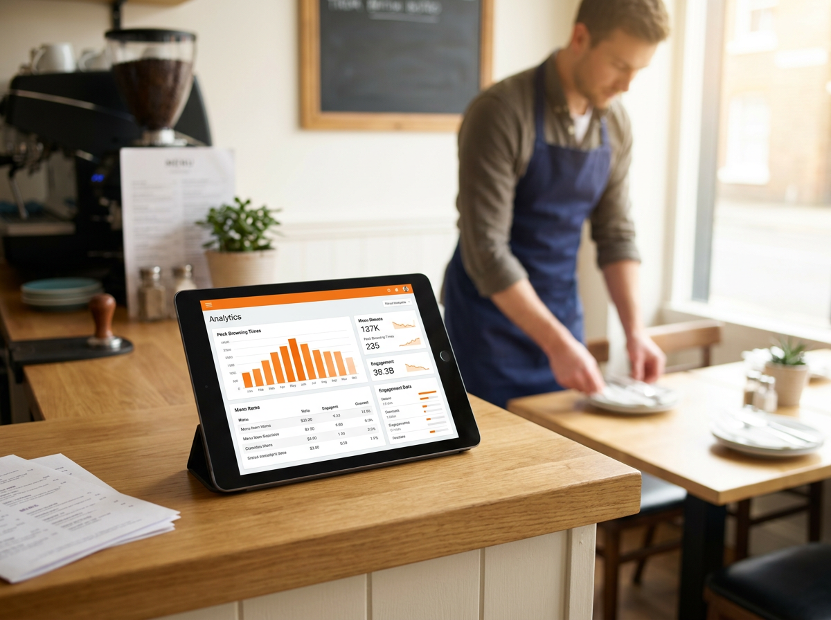 A tablet showing restaurant analytics sitting on a bistro counter, representing the digital menu as a silent partner for business intelligence.