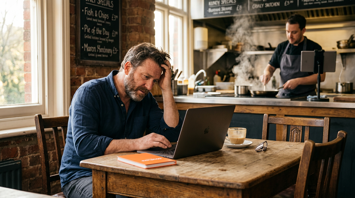 A busy gastropub owner looking frustrated while working on a laptop in his restaurant, representing the struggle with traditional web agencies.